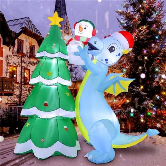 Christmas Inflatable Tree 7 FT Dinosaur Christmas Tree and Snowman Inflatable